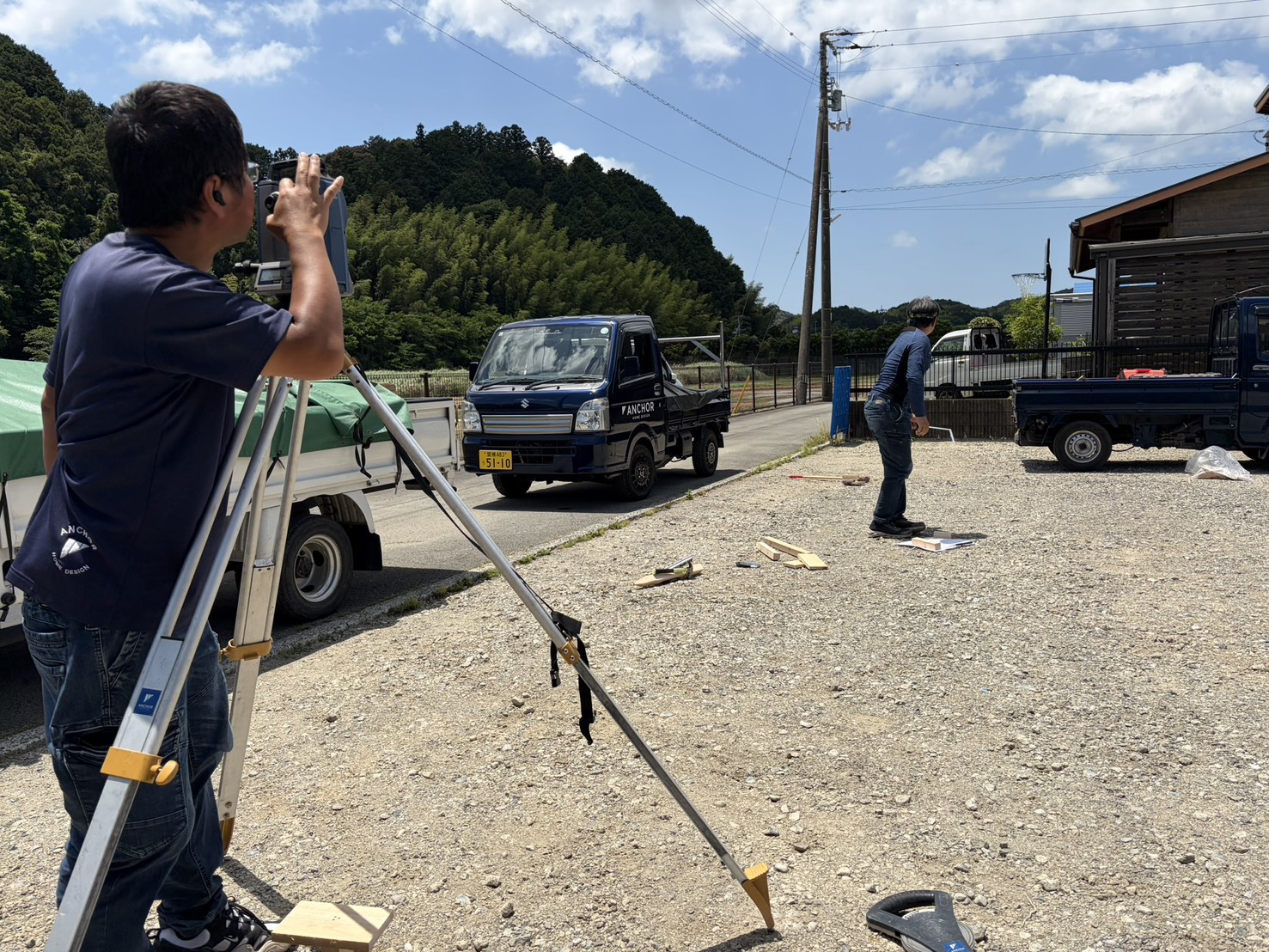 現場監督とスタッフがトランシット（測量機器）を用いて丁張りを行っている様子